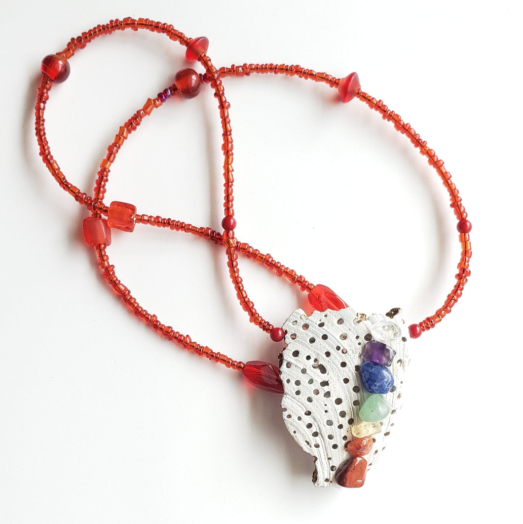 Chakra semi precious stones shell red glass beads pendant necklace