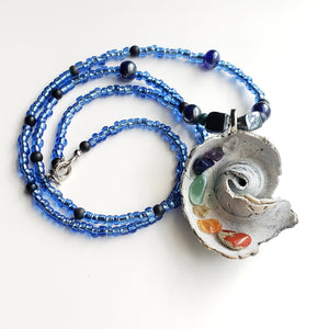 18" Chakra nautilus shell semi precious stones blue gkass beads pendant necklace